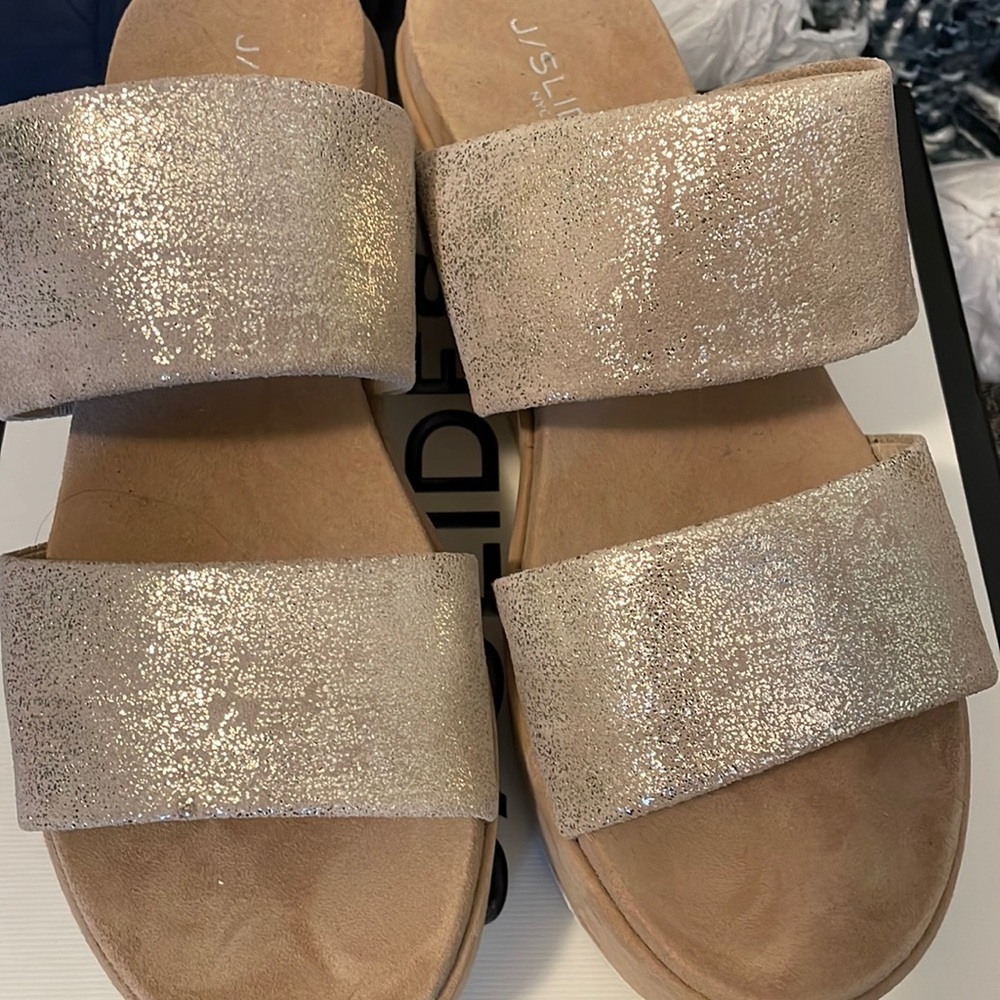 J slides sandals metallic color with suede wedge